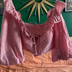 Zara Red & White Seersucker Ruffle Tie-Front Crop Top ~ small